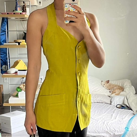 SOLD Vintage Donna Karan Halter neck Vest Medium Silk Chartreuse - Picture 5 of 13
